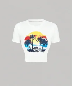 SHEIN MOD White Cropped Center Front Landscape Print Vacation T-Shirt