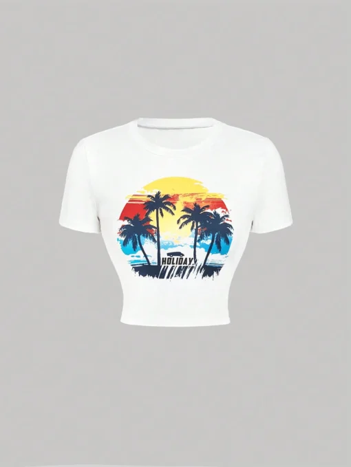SHEIN MOD White Cropped Center Front Landscape Print Vacation T-Shirt