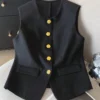 SHEIN PETITE Elegant Fitted U-Neck Sleeveless Front-Button Pocket Flap Polyester Plain Woven Blouse, Spring/Summer