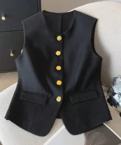 SHEIN PETITE Elegant Fitted U-Neck Sleeveless Front-Button Pocket Flap Polyester Plain Woven Blouse, Spring/Summer