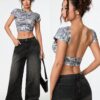 SHEIN PETITE Summer Retro Dead Branch Camouflage All-Over Sexy Backless High-Elastic Knitted Tight Short T-Shirt