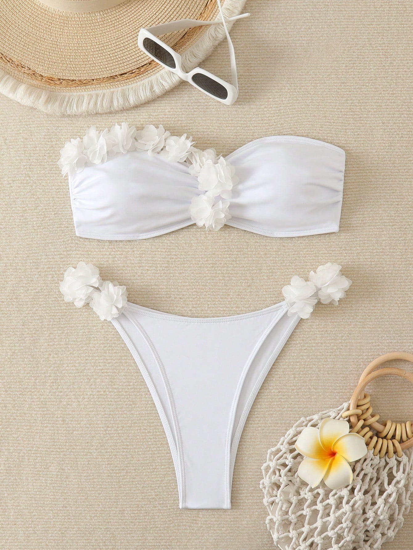 SHEIN Swim Spring Break 2025 Women Summer Beach 3D Floral Embellished Bandeau Sexy Bikini 2 Pieces Swimwear Set - Image 3