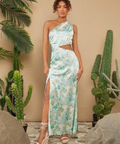 SHEIN X KAREN BARRERA Travachic Women's Oblique-Shoulder Cutout Waist Random Printed Dress