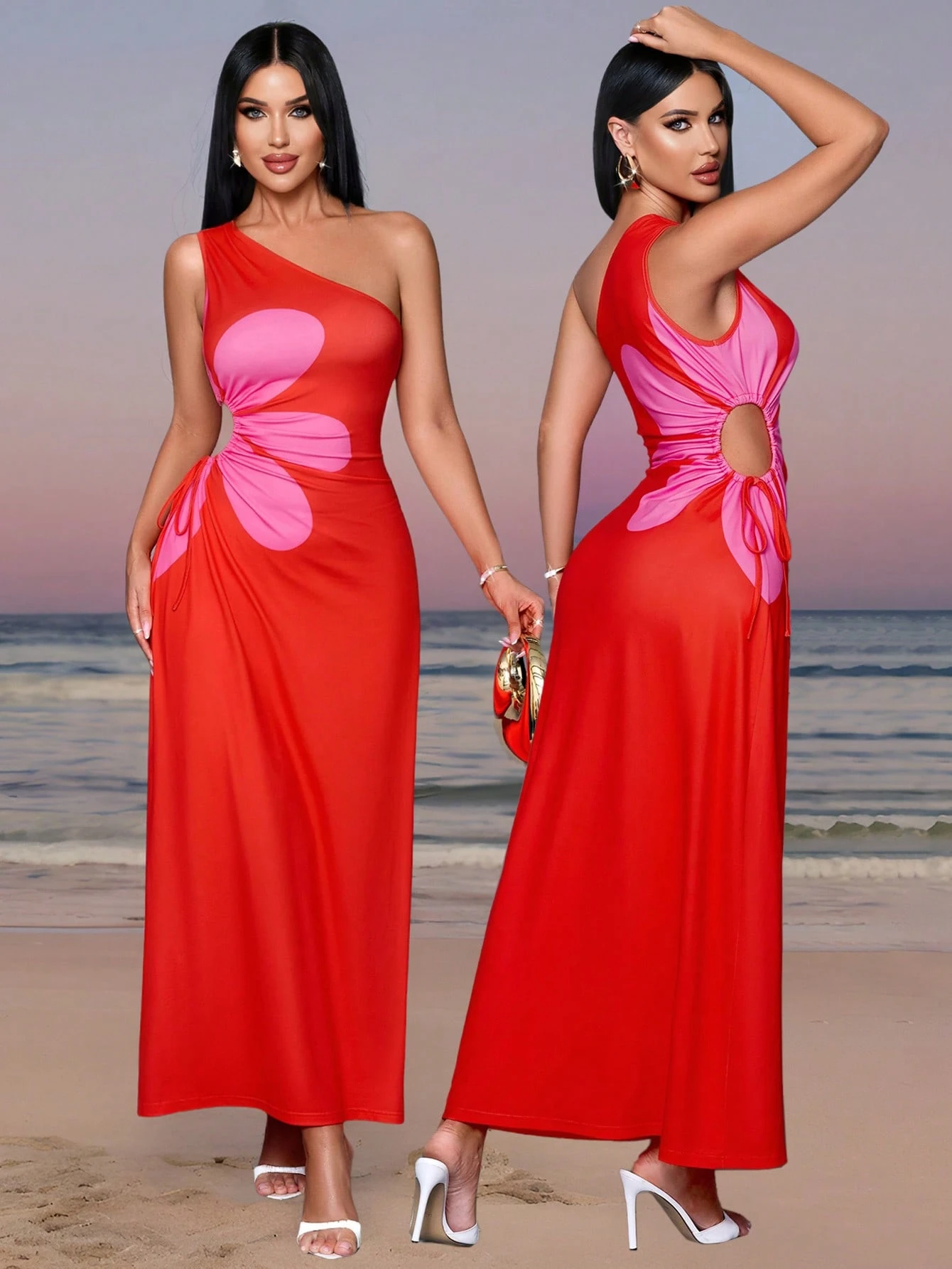 SHEIN SOLERSUN Spring And Summer New Elegant Commuting Casual Oblique Shoulder Short Sleeve Waist Artsy Print Hollow Flower Pattern Vacation Dress For Women