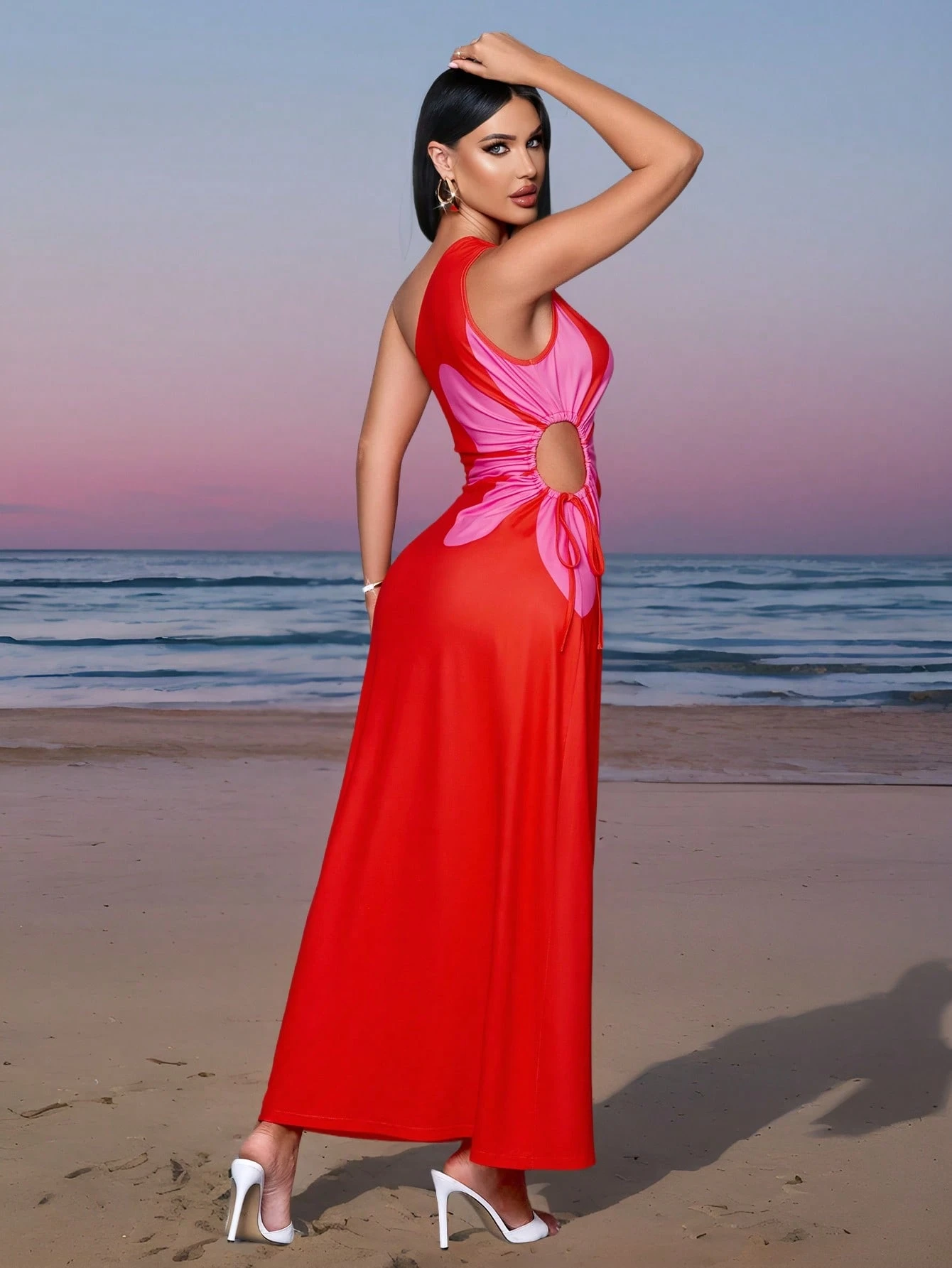 SHEIN SOLERSUN Spring And Summer New Elegant Commuting Casual Oblique Shoulder Short Sleeve Waist Artsy Print Hollow Flower Pattern Vacation Dress For Women - Image 3