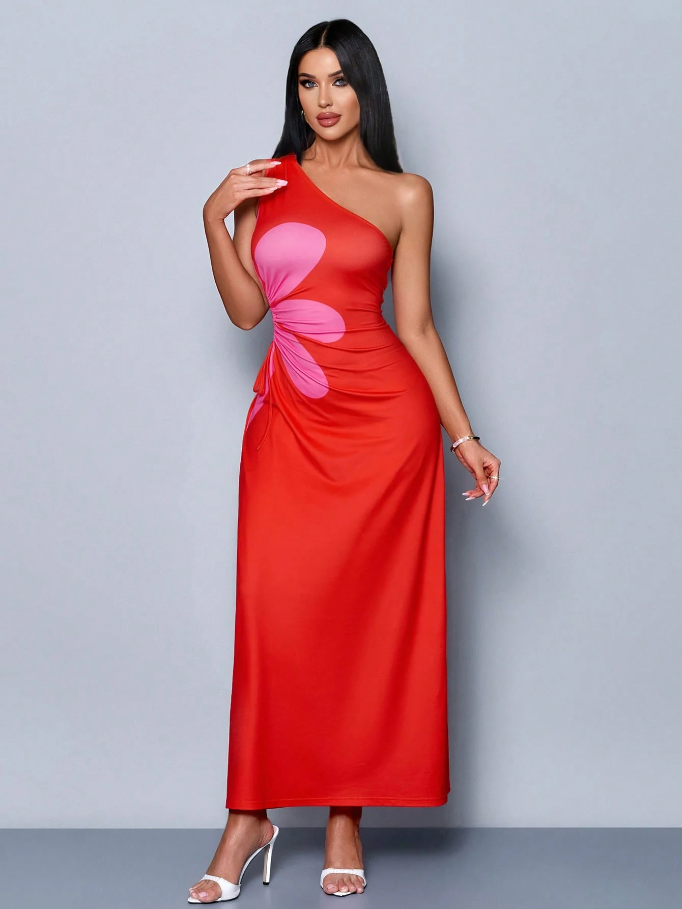 SHEIN SOLERSUN Spring And Summer New Elegant Commuting Casual Oblique Shoulder Short Sleeve Waist Artsy Print Hollow Flower Pattern Vacation Dress For Women - Image 4