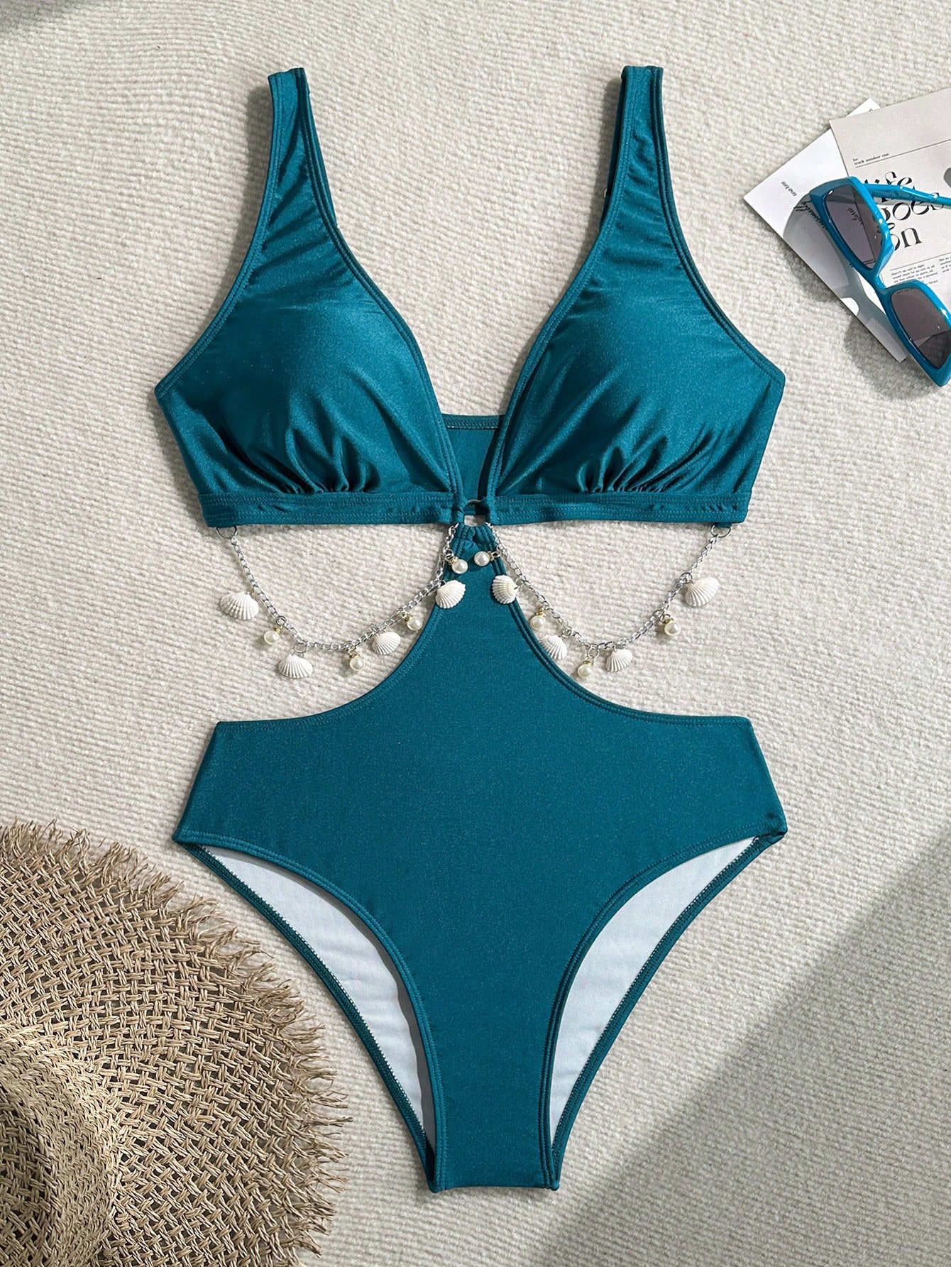 SHEIN Swim SXY Women's New Solid Color V-Neck Ring Link Hollow Out Seashell Chain Decoration Minimalist Sexy One Piece Beach Outfit Women Clothing Swimsuit - Image 3