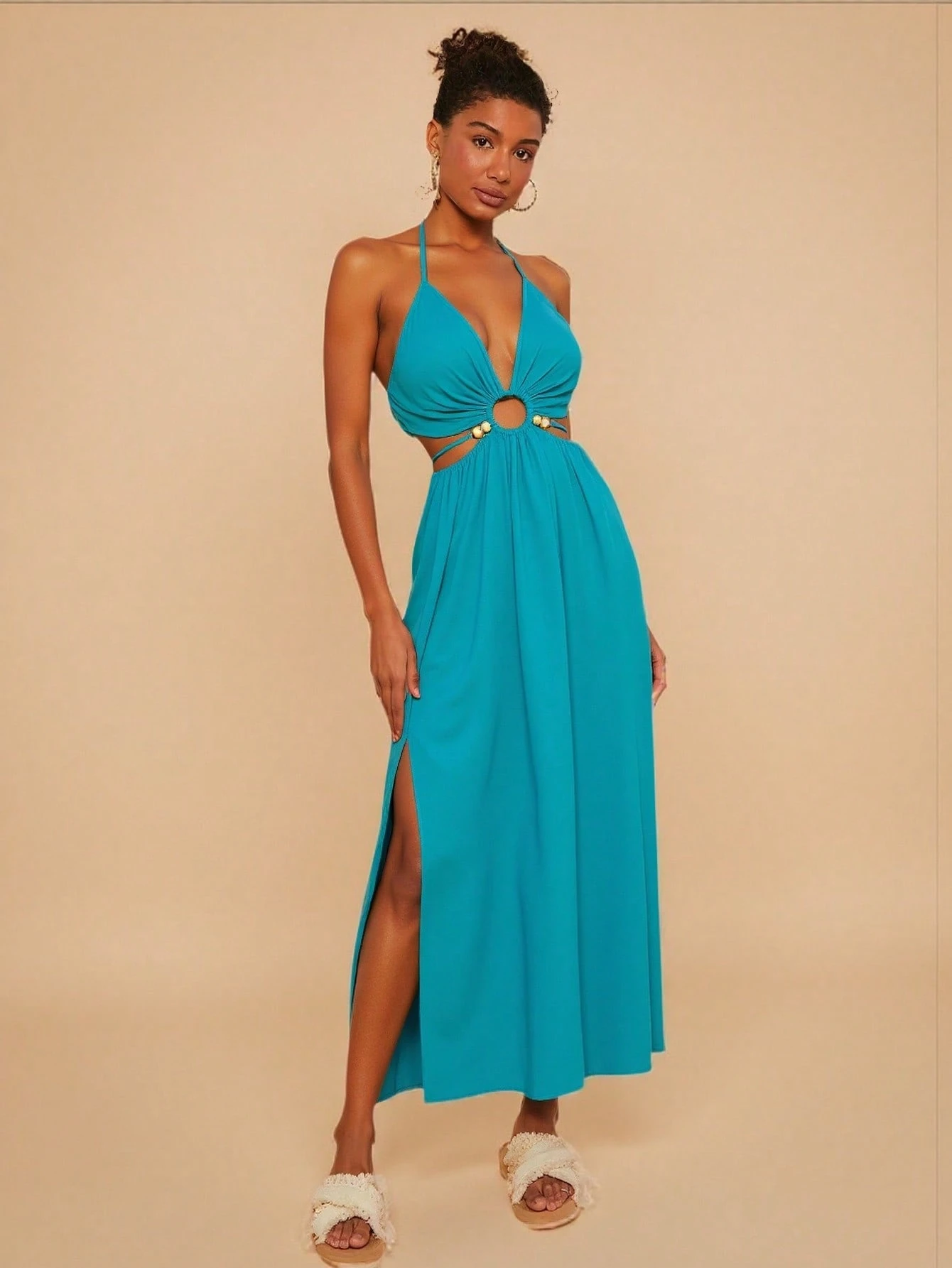 SHEIN Travachic Women's Solid Color Backless Halter Dress, Vacation Style - Image 2