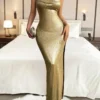 SHEIN Women's Solid Color Halter Backless Tie Casual Slim Fit Long Gold Dress