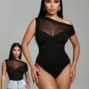 SHEIN Zolique Women Solid Color With Mesh Patchwork Asymmetric Collar Bodysuit
