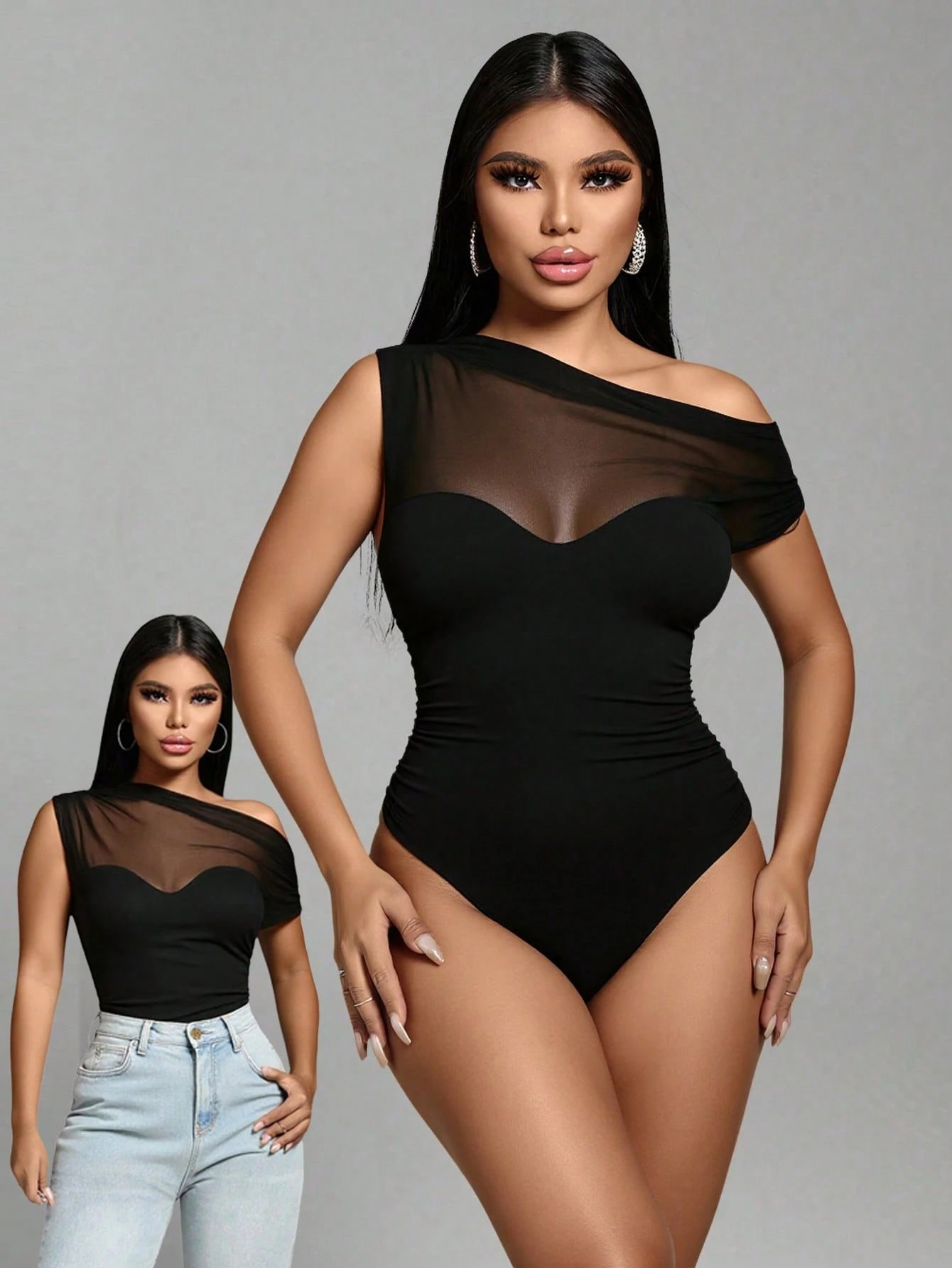 SHEIN Zolique Women Solid Color With Mesh Patchwork Asymmetric Collar Bodysuit