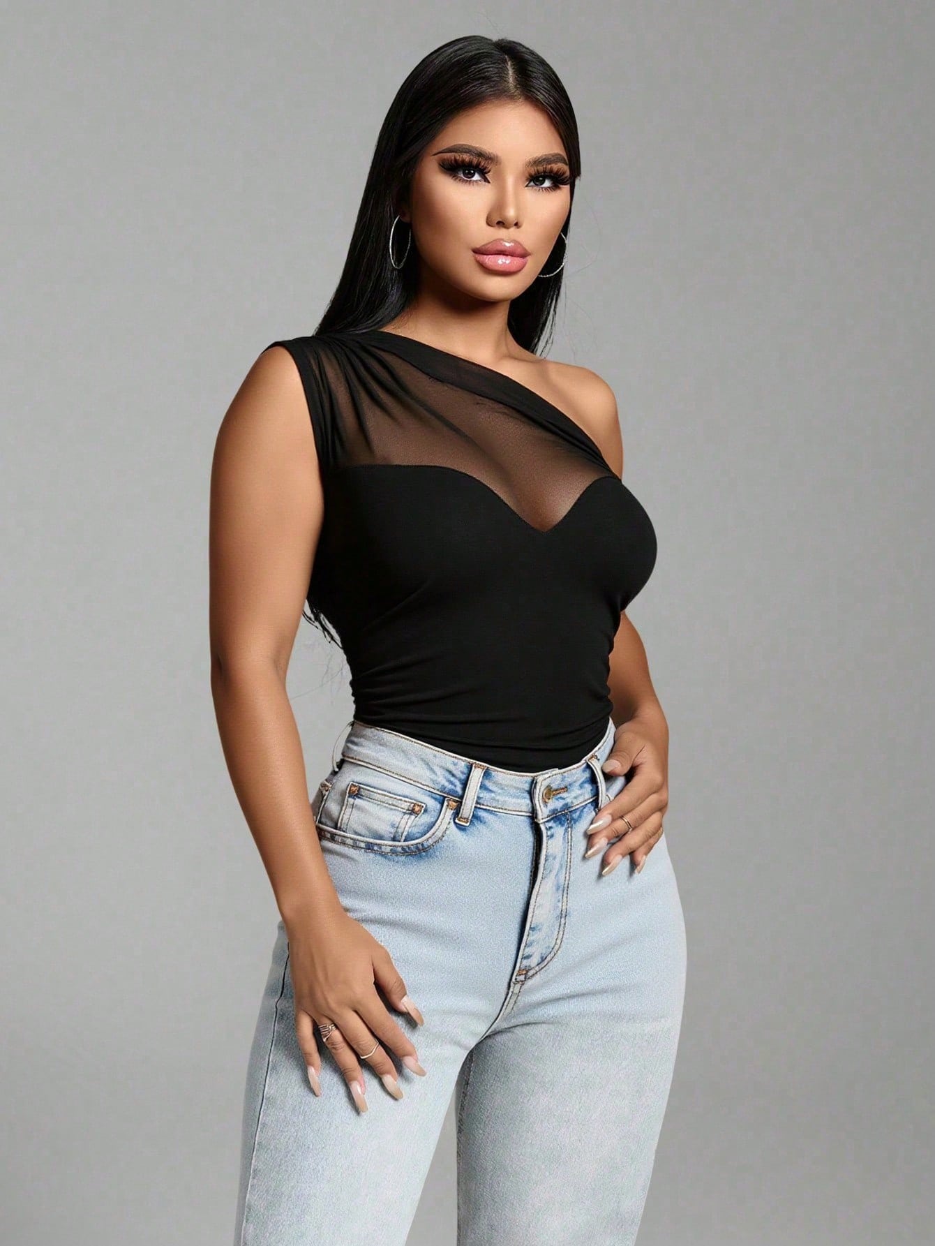 SHEIN Zolique Women Solid Color With Mesh Patchwork Asymmetric Collar Bodysuit - Image 2