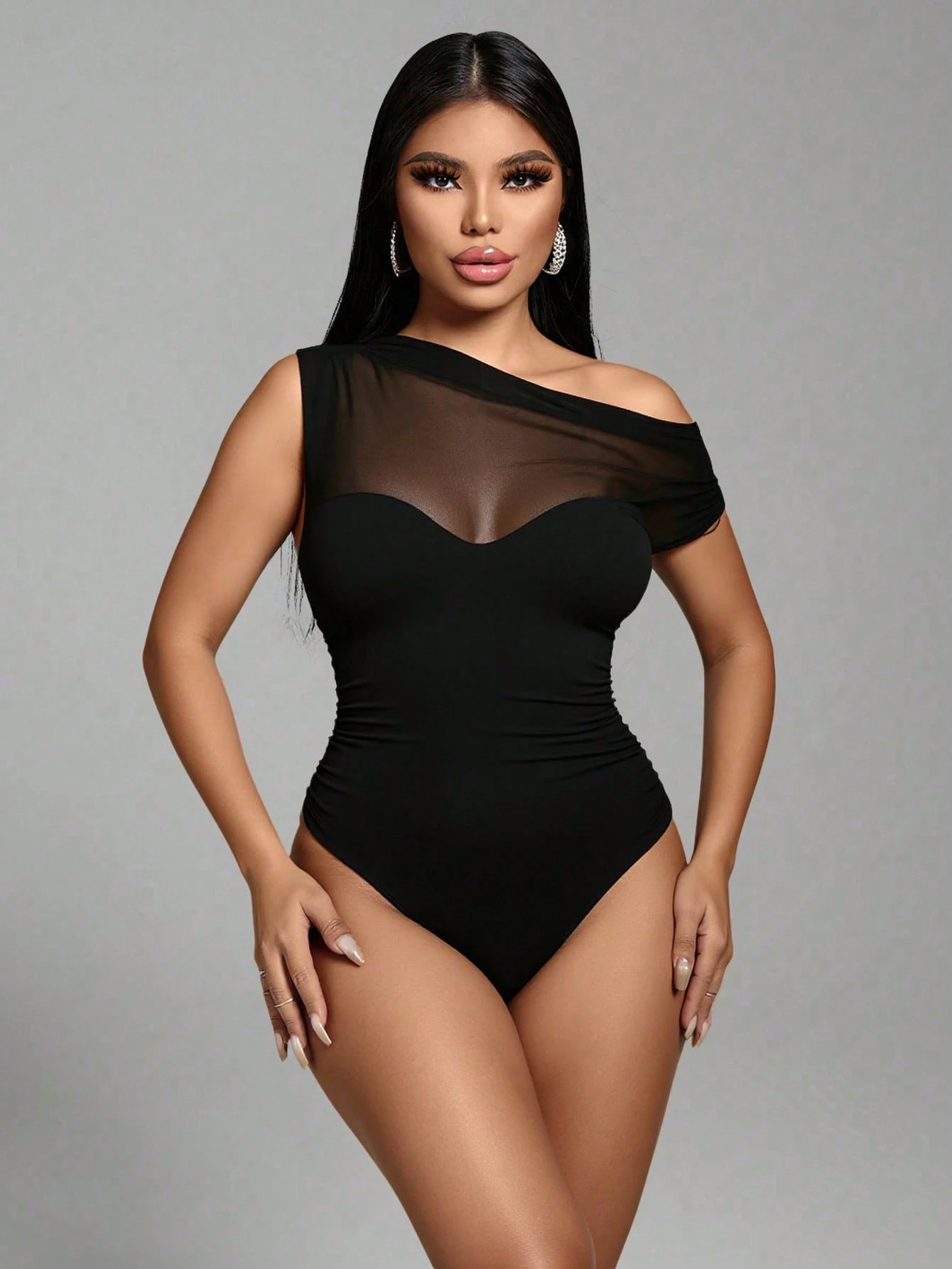 SHEIN Zolique Women Solid Color With Mesh Patchwork Asymmetric Collar Bodysuit - Image 4