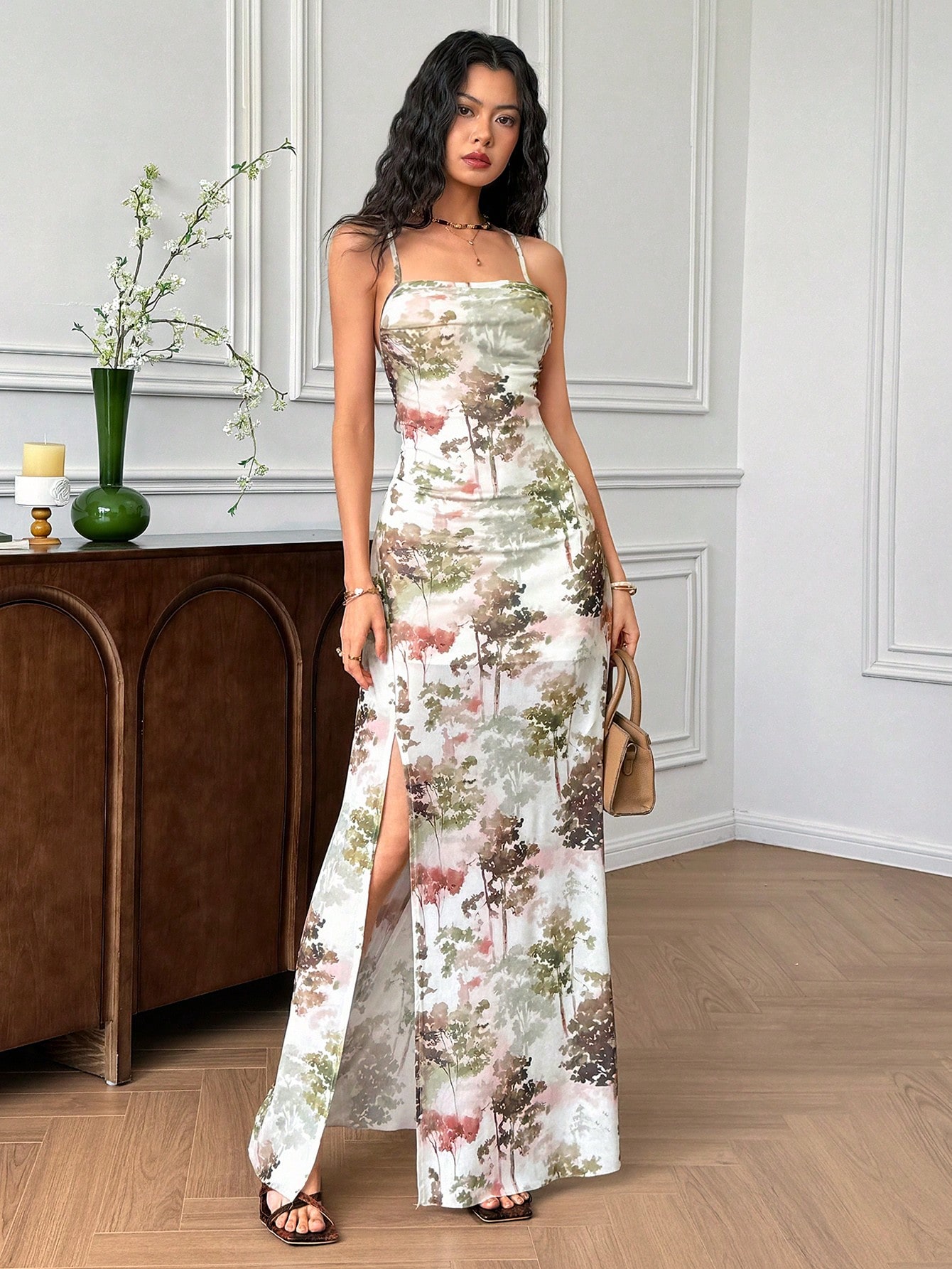 SHEIN EastFlair Apricot Tree Print Boho Maxi Dress For Women, Sleeveless Knitted Fabric, Spaghetti Strap, Thigh High Split - Image 4