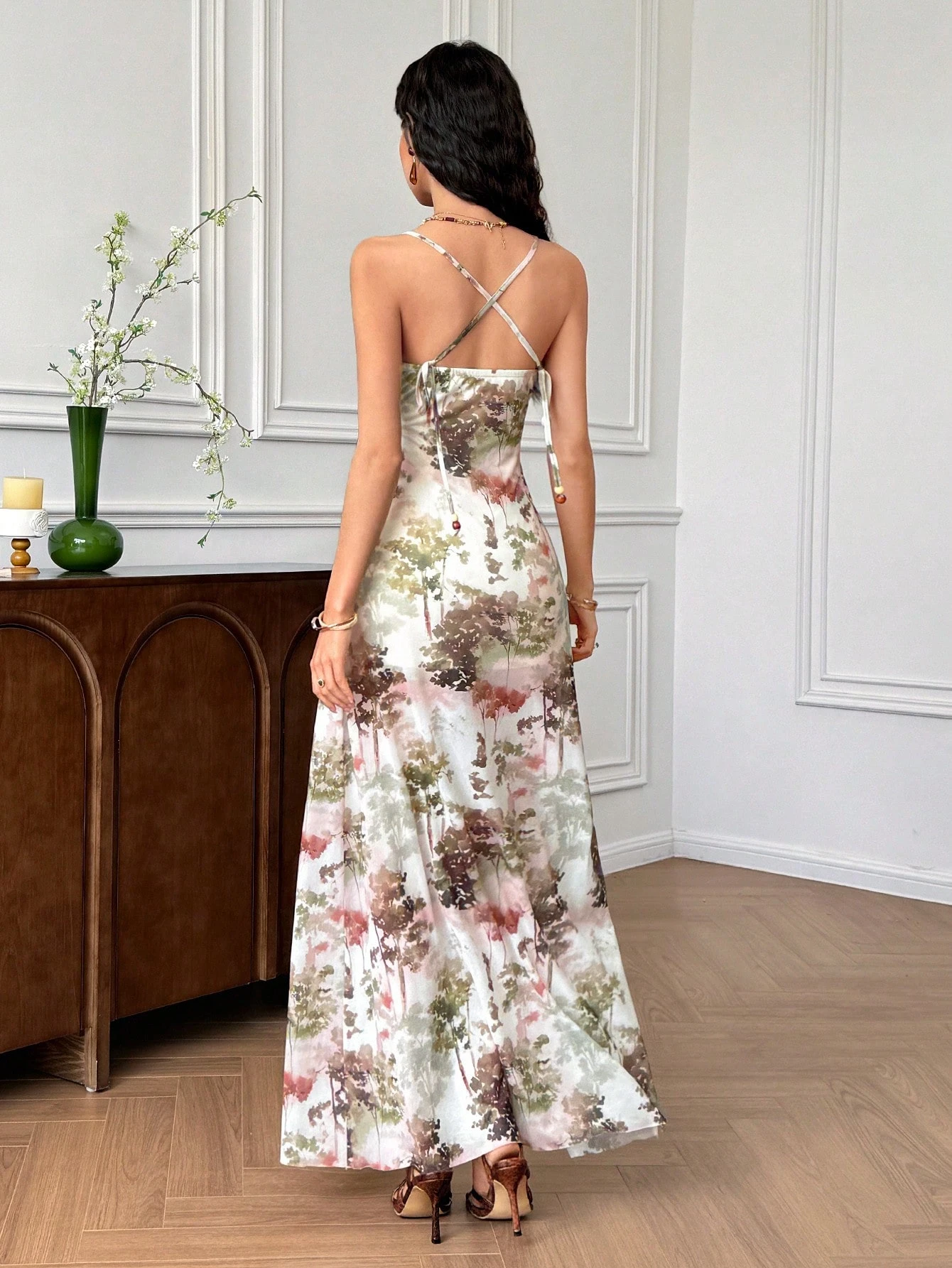 SHEIN EastFlair Apricot Tree Print Boho Maxi Dress For Women, Sleeveless Knitted Fabric, Spaghetti Strap, Thigh High Split - Image 3