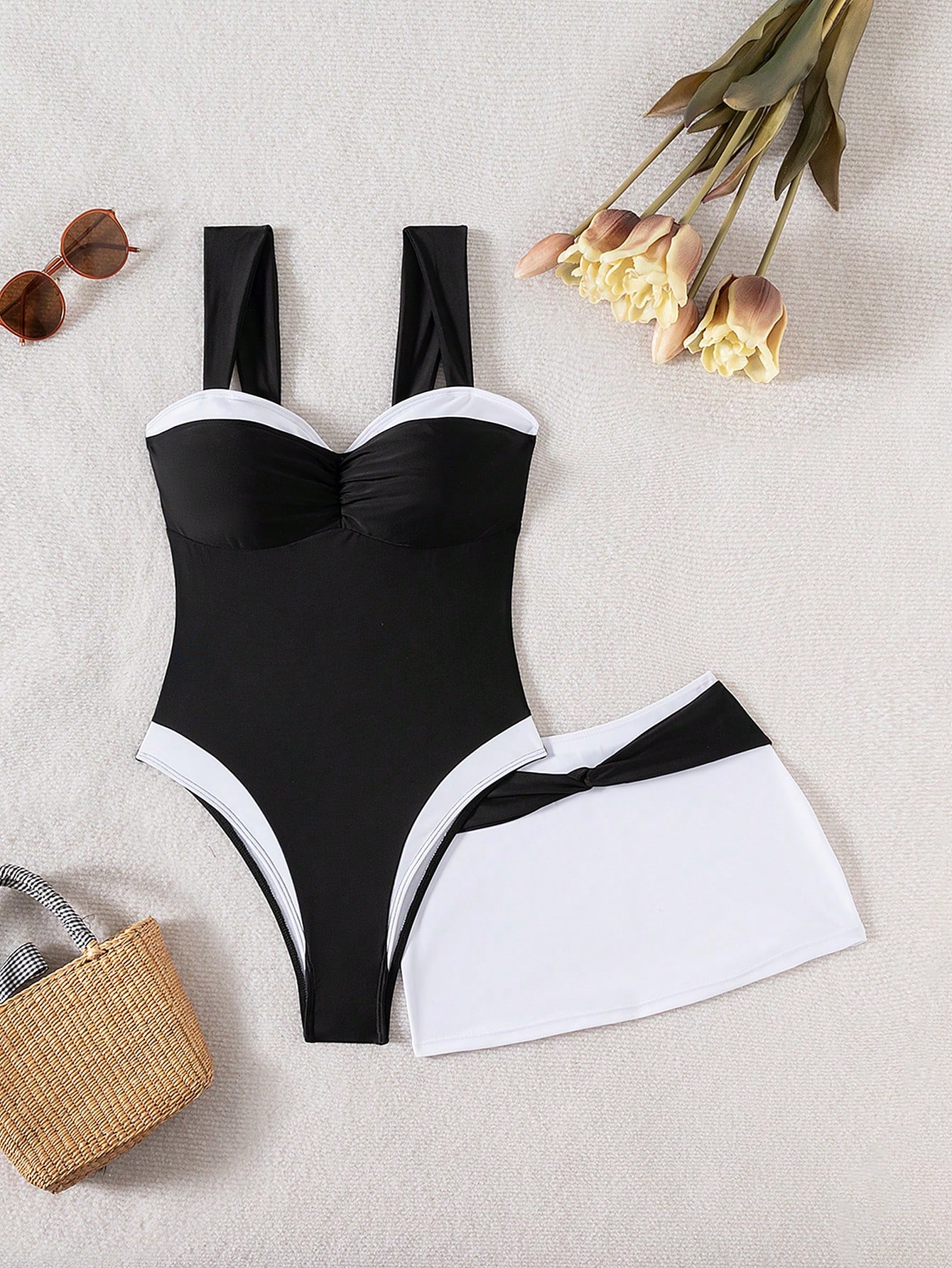 SHEIN New 2 Pieces Women's One-Piece Swimsuit With Wide Straps, Ruched Tummy Control - Image 2