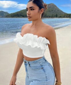 SHEIN SXY Summer Beach Ruffle Trim Crop Tube Top