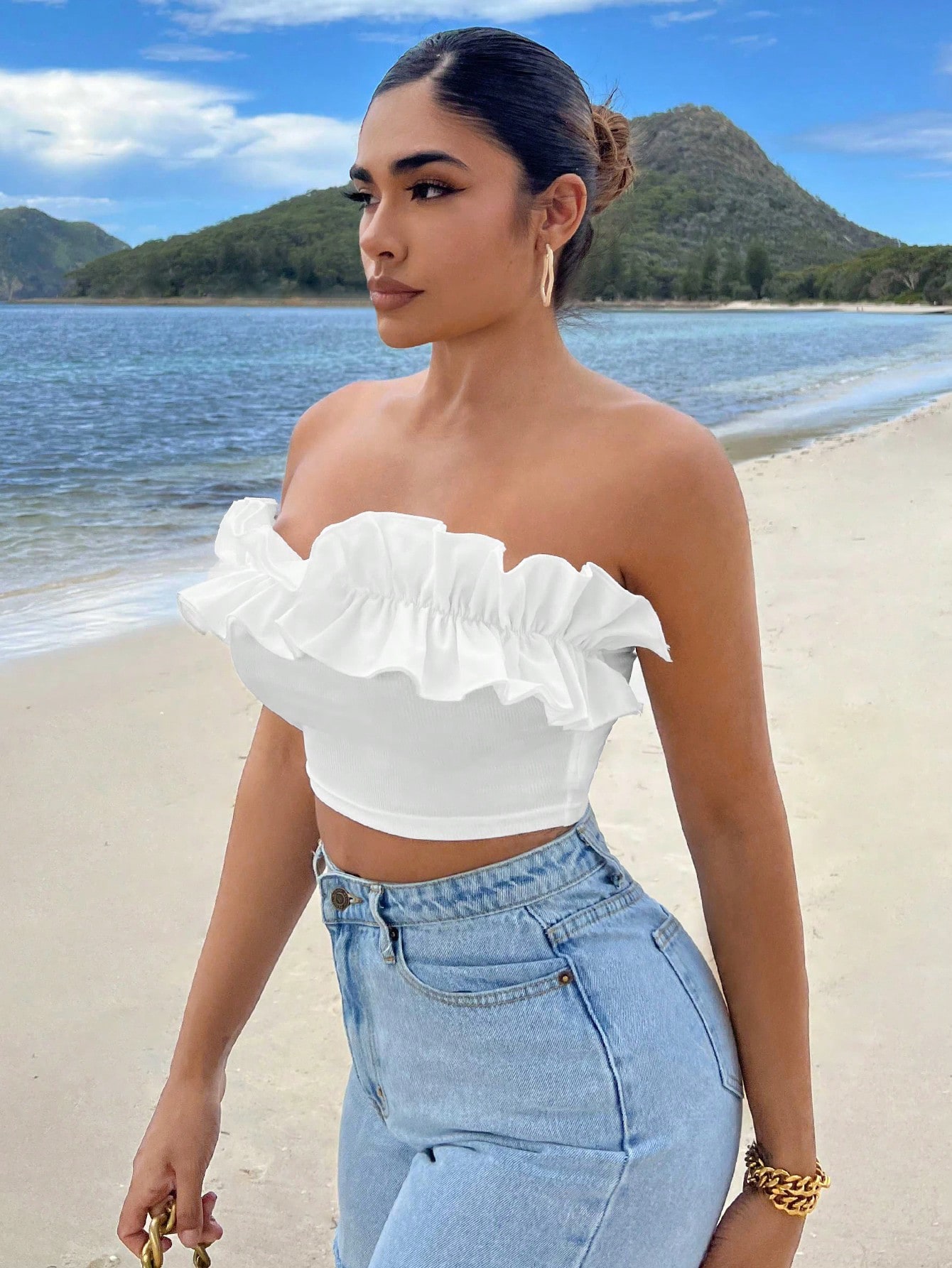 SHEIN SXY Summer Beach Ruffle Trim Crop Tube Top