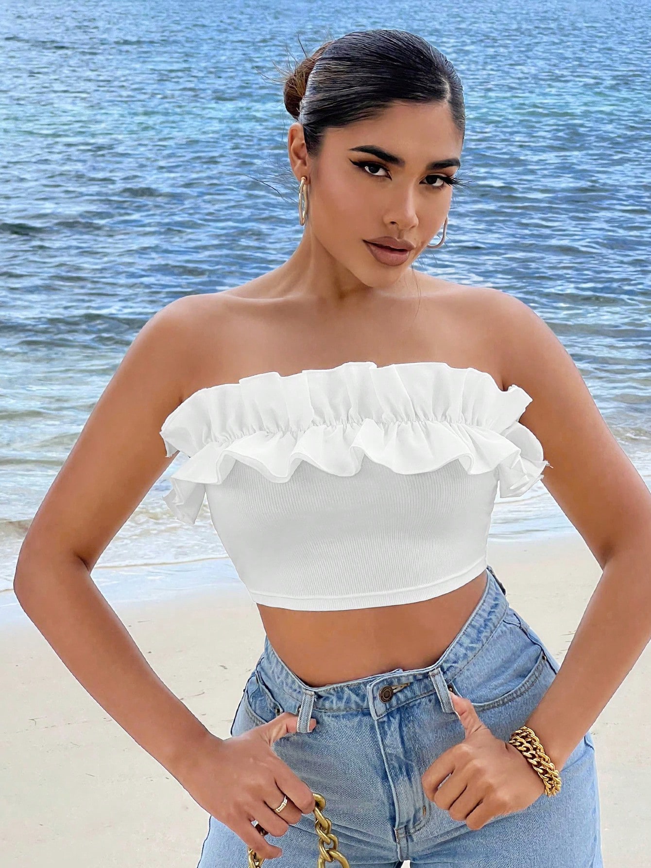 SHEIN SXY Summer Beach Ruffle Trim Crop Tube Top - Image 4