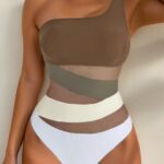 SHEIN Swim Solid Color One-Shoulder Mesh Splicing Swimsuit, Elegant Slimming Resort Swimwear
