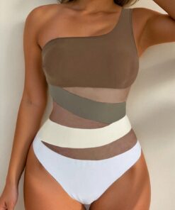 SHEIN Swim Solid Color One-Shoulder Mesh Splicing Swimsuit, Elegant Slimming Resort Swimwear