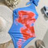 SHEIN Soleia One Piece Bathing Suit,Beachwear,Vacation Outfits Woman,Swim Suits For Women,Summer Outfits For Women,1pc Women's Blue Base Abstract Floral Print Tie Knot One-Piece Swimsuit For Vacation