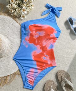 SHEIN Soleia One Piece Bathing Suit,Beachwear,Vacation Outfits Woman,Swim Suits For Women,Summer Outfits For Women,1pc Women's Blue Base Abstract Floral Print Tie Knot One-Piece Swimsuit For Vacation