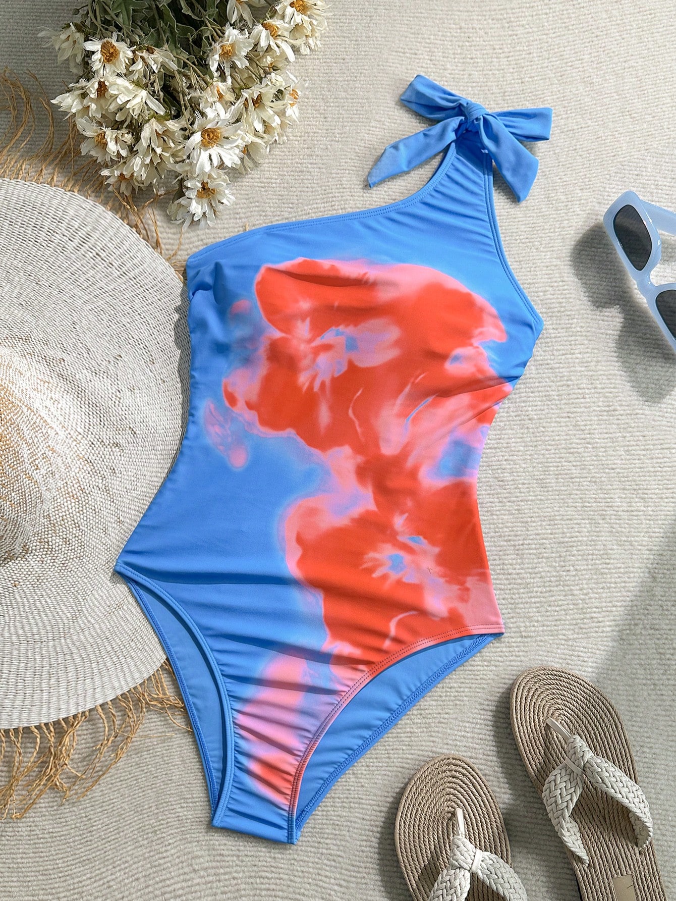 SHEIN Soleia One Piece Bathing Suit,Beachwear,Vacation Outfits Woman,Swim Suits For Women,Summer Outfits For Women,1pc Women's Blue Base Abstract Floral Print Tie Knot One-Piece Swimsuit For Vacation