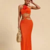 SHEIN Travachic Solid Color Three-Dimensional Flower On Neckline Knit Halter Figure-Hugging Dress For Women