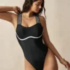 SHEIN VARSITIE 1pc Women Geometric Letter Tape Casual One-Piece Swimsuit