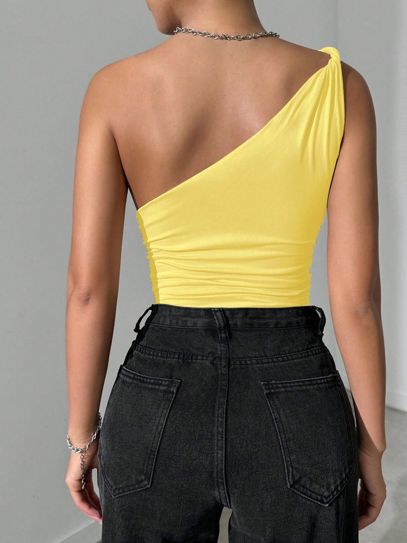 SHEIN VaVaBold Women's Solid Color Fashion Knot One Shoulder Pleated Bodysuit - Image 3