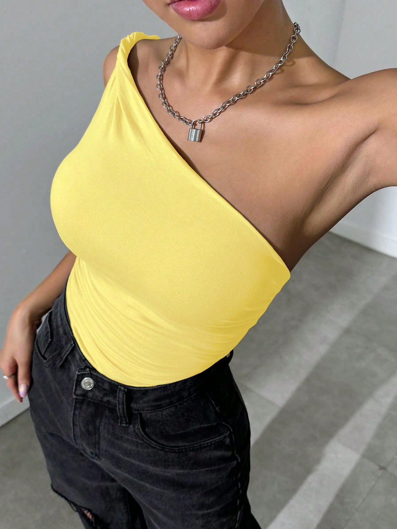 SHEIN VaVaBold Women's Solid Color Fashion Knot One Shoulder Pleated Bodysuit - Image 4