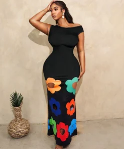 SHEIN BamGleam Women's Floral Print One-Shoulder Off-Shoulder Front Pleated Slim Dress