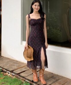 SHEIN Celisse 1pc Women High Thigh Split Floral Print Bodycon Slip Dress