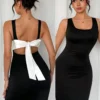 SHEIN Chiquease Crew Neck Satin Ribbon Tie Splicing Open Back Sleeveless Mini Dress