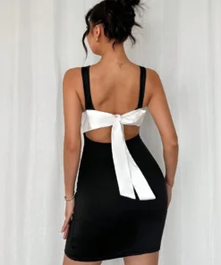 Alternative view of SHEIN Chiquease Crew Neck Satin Ribbon Tie Splicing Open Back Sleeveless Mini Dress