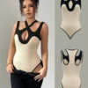 shein Chiquease Sexy Hollow-Out Crossover Patchwork Cinched Waist Bodysuit