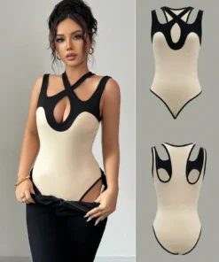 shein Chiquease Sexy Hollow-Out Crossover Patchwork Cinched Waist Bodysuit