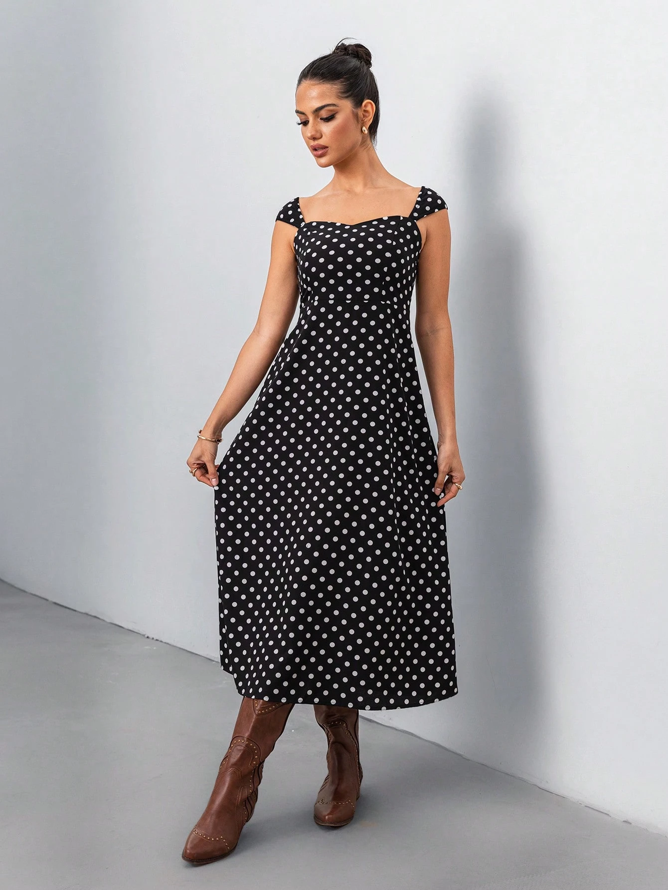 SHEIN Chiquease Women's Black & White Polka Dot Print Minimalist Casual Dress