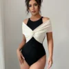 SHEIN Elenzga Elegant Colorblock Knot Halter Bodysuit For Women