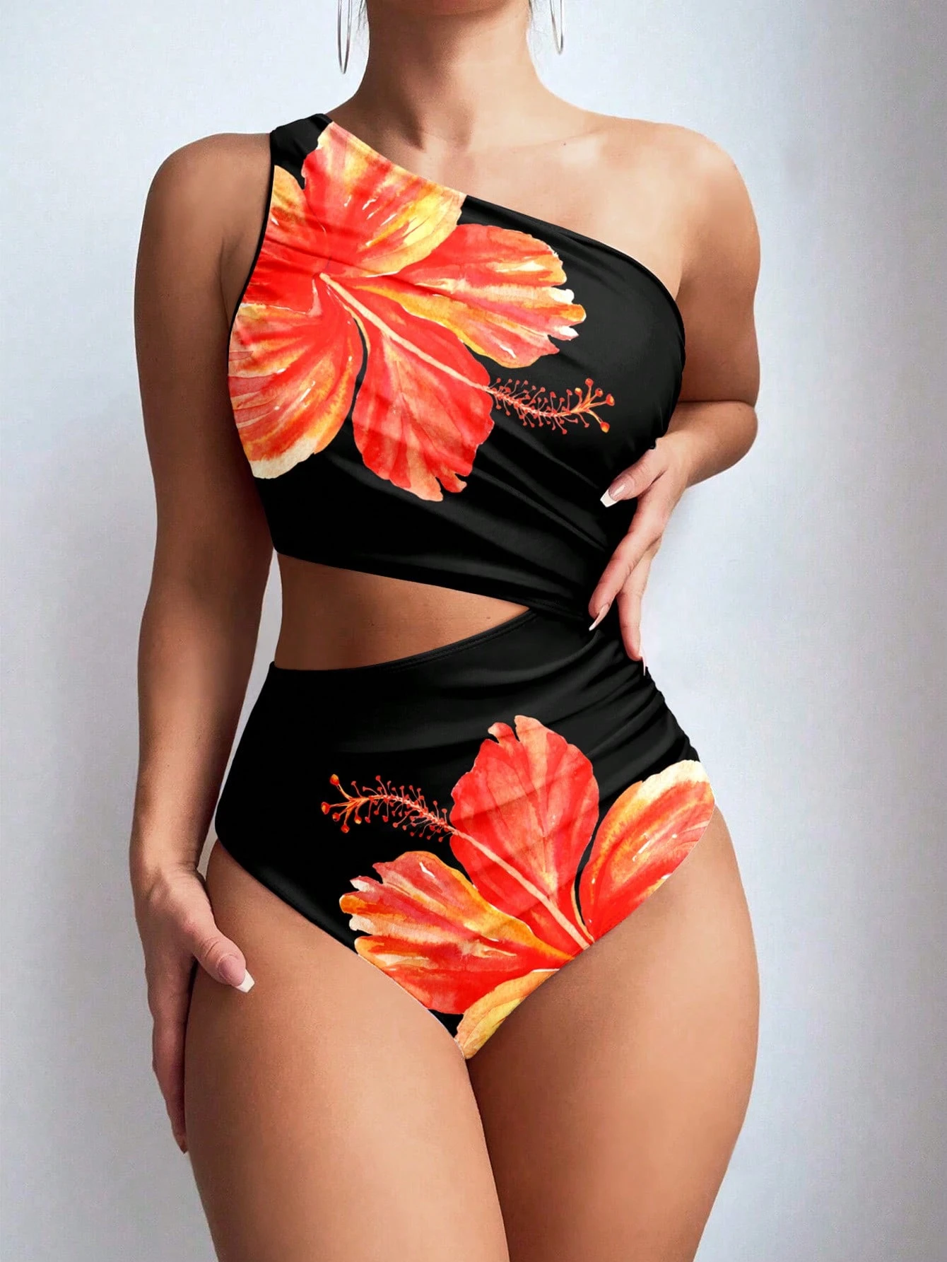 SHEIN Swim 1pc Women One-Piece Swimsuit, Asymmetric Shoulder