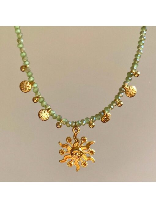 SHEIN Vintage Style Sun Pendant Necklace With Natural Stone Beads And Gold Coin Charm