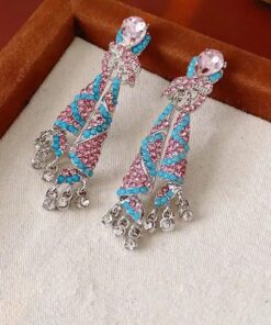 SHEIN 1 Pair Luxury French Style Colorful Silk Crystal Tassel Earrings, Elegant Jewelery