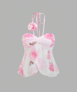 SHEIN Sweetra New 3D Floral Pleated Elegant Scarf Neck Camisole For Women