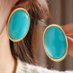 SHEIN 1 Pair Metal Oval Blue Exaggerated Stud Earrings, Minimalist Vintage Style Earrings