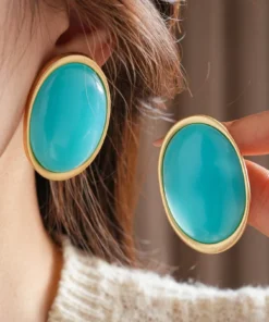 SHEIN 1 Pair Metal Oval Blue Exaggerated Stud Earrings, Minimalist Vintage Style Earrings