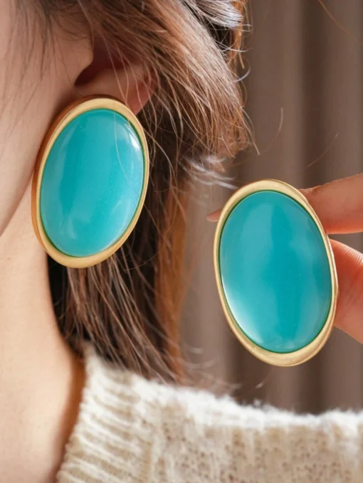 SHEIN 1 Pair Metal Oval Blue Exaggerated Stud Earrings, Minimalist Vintage Style Earrings