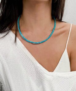 SHEIN 1pc Leisure Natural Stone Blue Turquoise Round Beads Women's Necklace