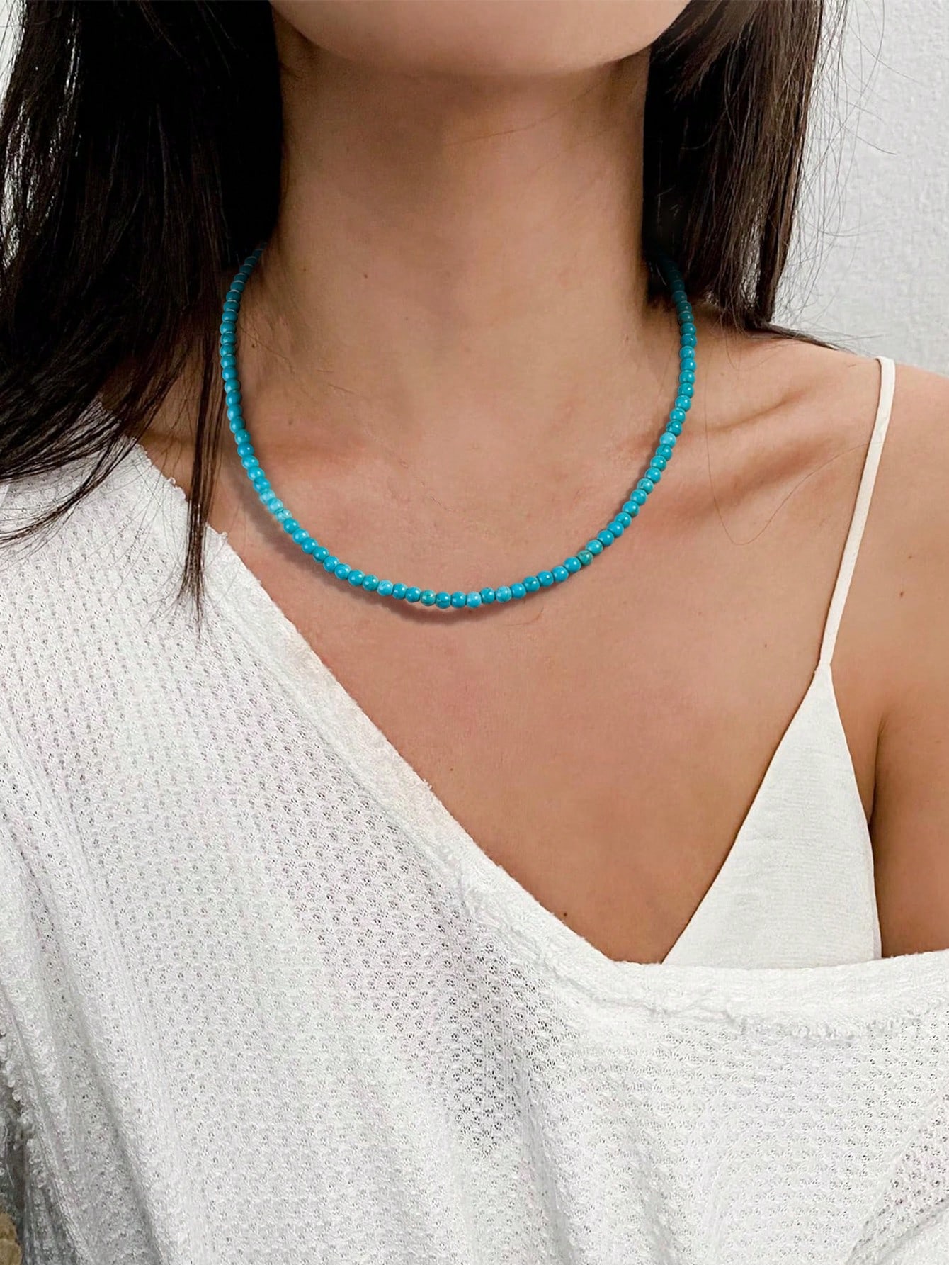 SHEIN 1pc Leisure Natural Stone Blue Turquoise Round Beads Women's Necklace