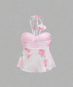 SHEIN Sweetra New 3D Floral Pleated Elegant Scarf Neck Camisole For Women